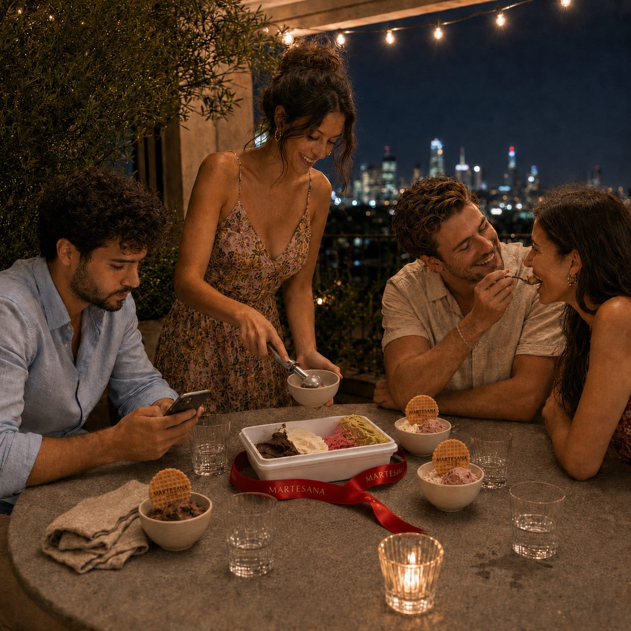Vasca di gelato Martesana con cialde su una terrazza con vista sullo skyline di Milano